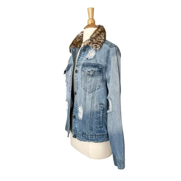Guns N’ Roses Distressed Denim Trucker Band Jacket Leopard Faux Fur Collar M - Picture 5 of 15
